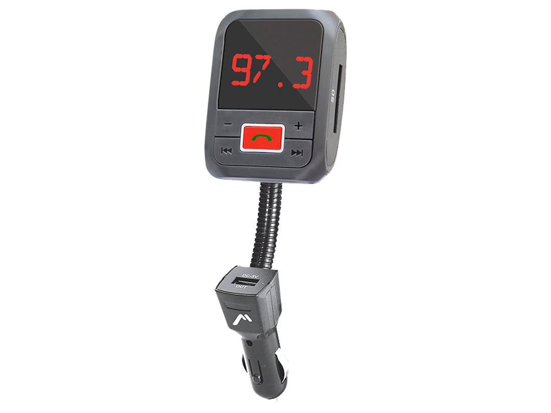 Transmisor FM Kaiser Mitzu color negro con pantalla digital roja y cuello flexible para auto.