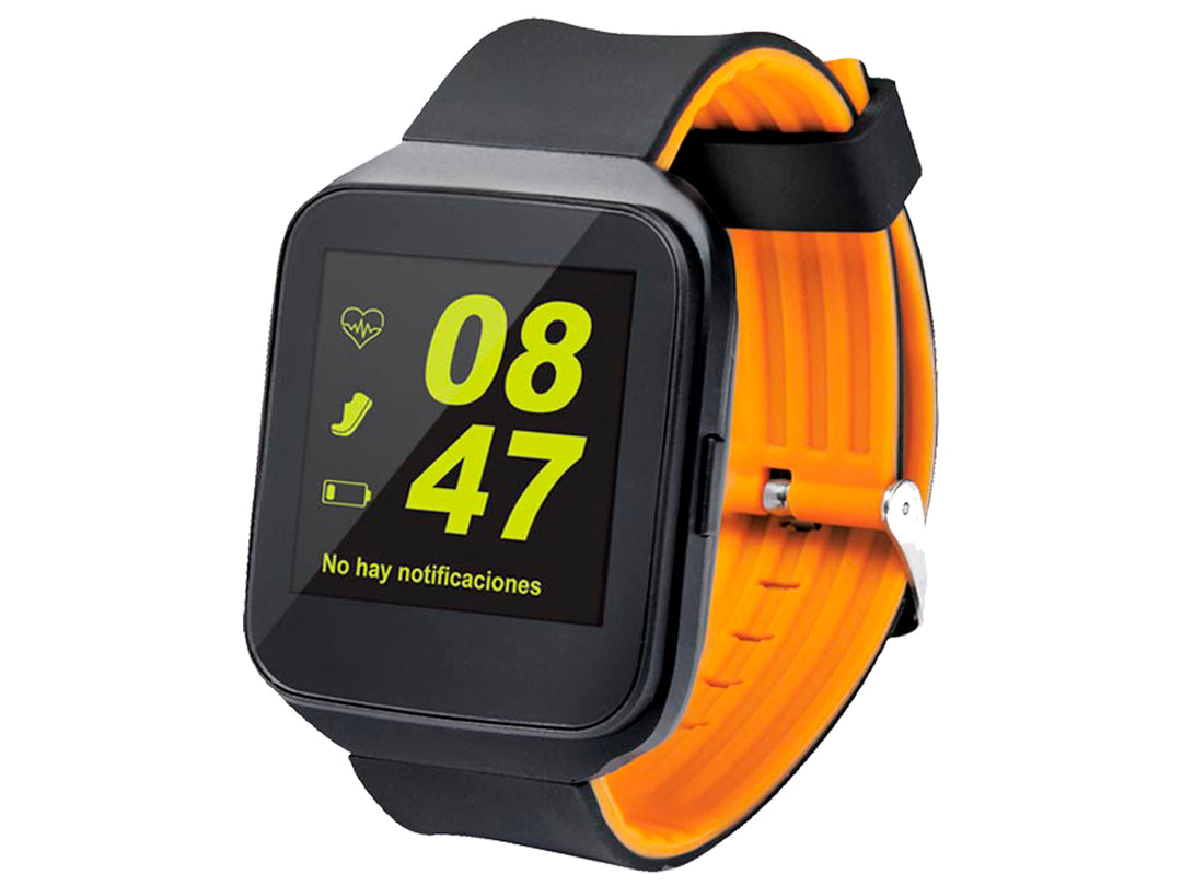 Reloj inteligente Kaiser Mitzu GSW 7015 color negro con correa interior naranja y pantalla cuadrada.