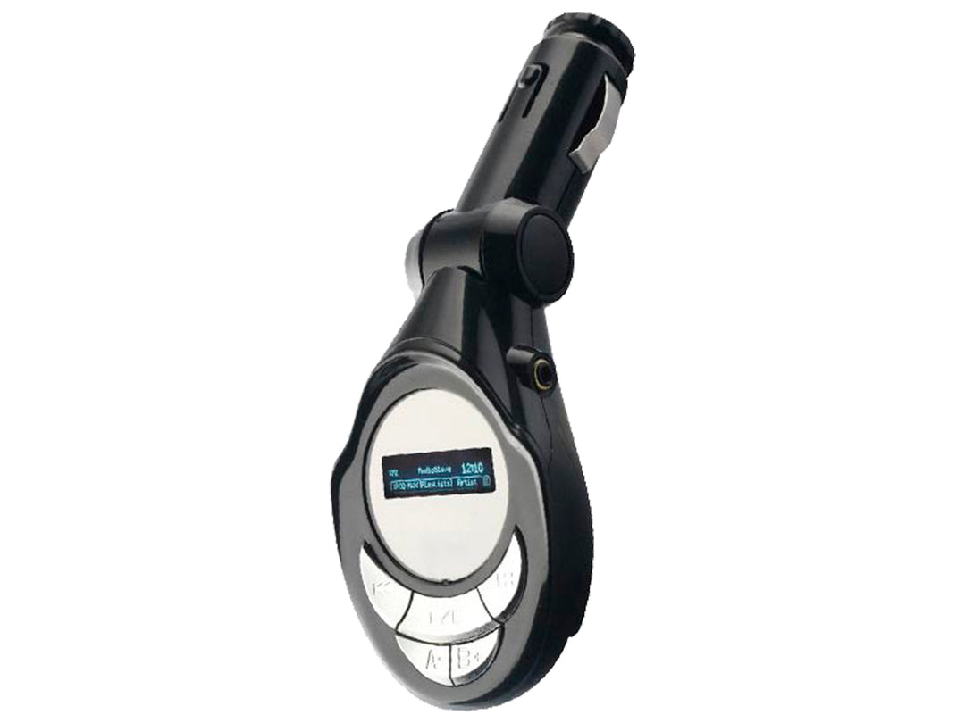 Transmisor FM Kaiser Mitzu color negro con pantalla digital y brazo ajustable.