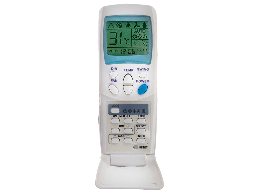 Control remoto universal para aire acondicionado color blanco con pantalla LCD y soporte integrado.