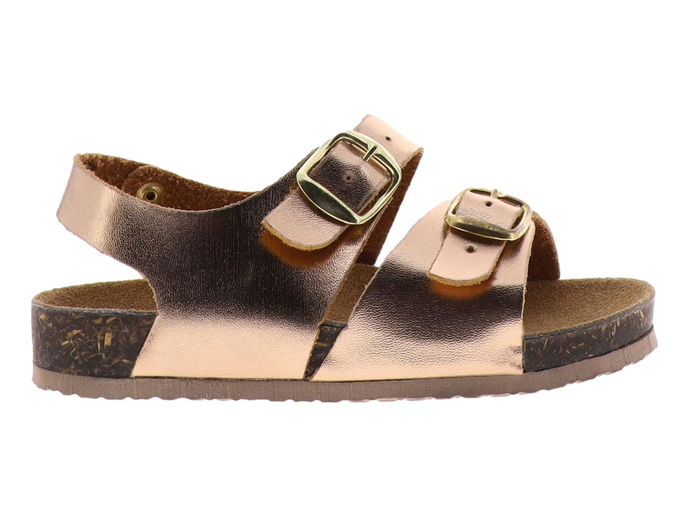 Sandalias para niña en color oro rosado con hebillas doradas y suela de corcho.