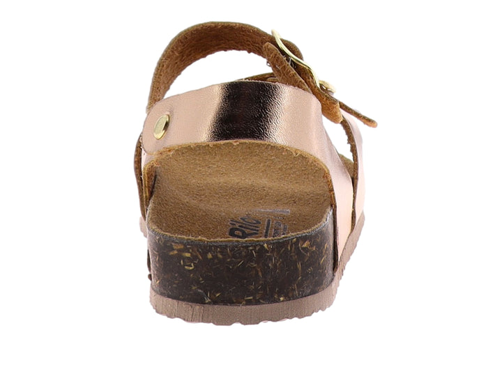 Sandalias para niña en color oro rosado con hebillas doradas y suela de corcho.