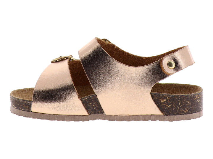 Sandalias para niña en color oro rosado con hebillas doradas y suela de corcho.