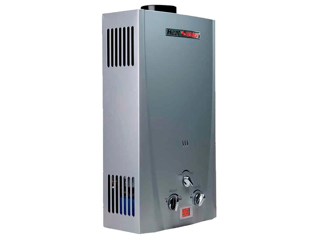 Calentador de agua instantáneo Heatwave color gris con panel de control frontal y pantalla digital.