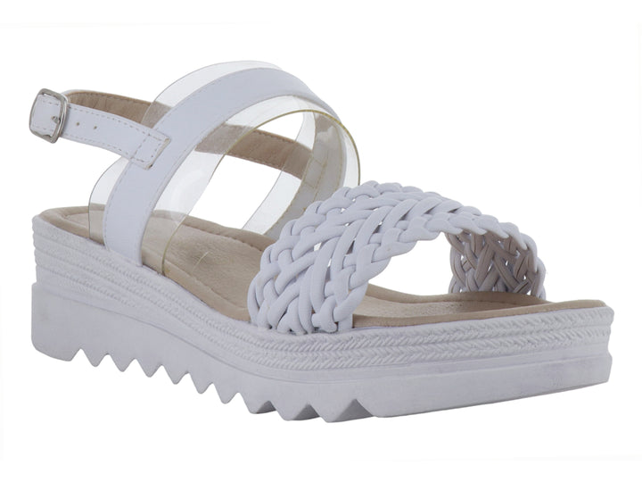 Sandalia blanca de plataforma con correa trenzada y detalle transparente.