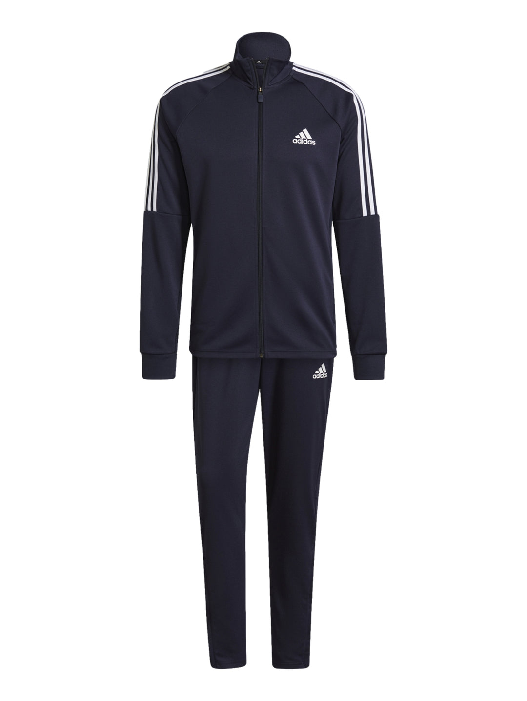 Hombre vistiendo conjunto deportivo Adidas color azul marino con rayas blancas laterales.