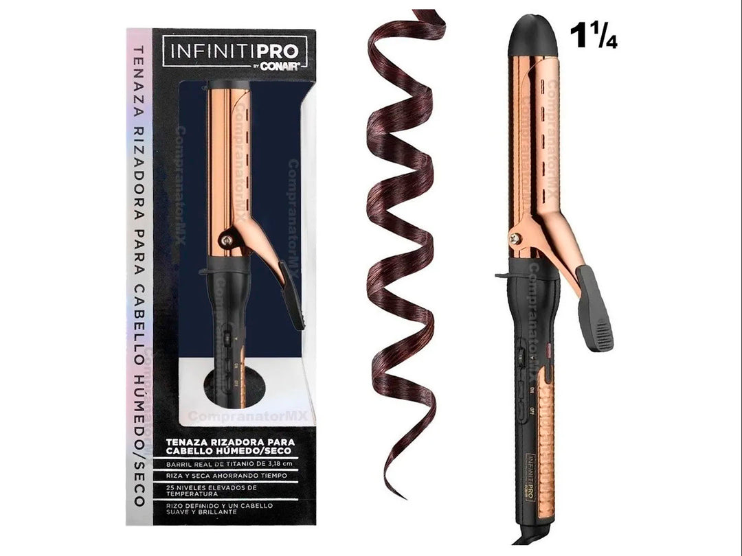 Tenaza rizadora Conair InfinitiPro en color dorado y negro con barril de 1 1/4 pulgadas y su empaque original.