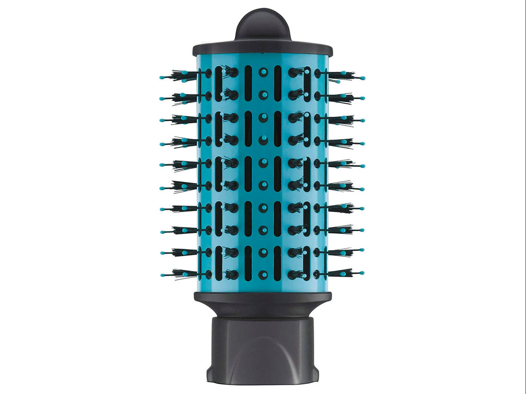 Cepillo de aire Conair color azul con cerdas negras y mango ergonómico para peinado.