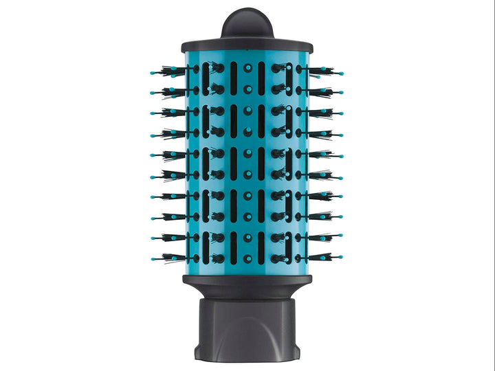 Cepillo de aire Conair color azul con cerdas negras y mango ergonómico para peinado.
