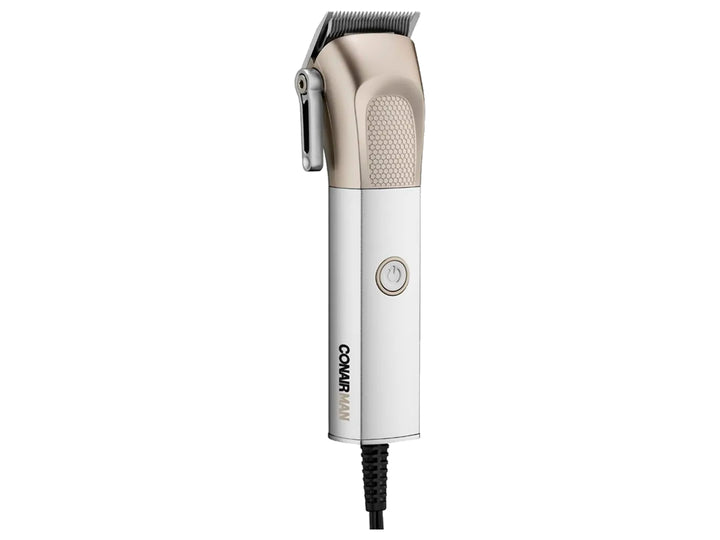 Cortadora de cabello Conair color plateado y blanco con cable eléctrico negro.