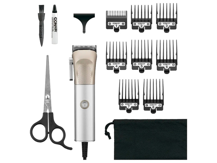 Cortadora de cabello Conair color plateado y blanco con cable eléctrico negro.