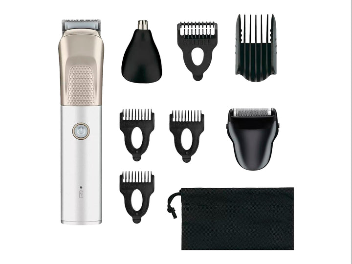 Recortadora de barba y bigote Conair Metalcraft en color plateado con accesorios, presentada en su empaque original.