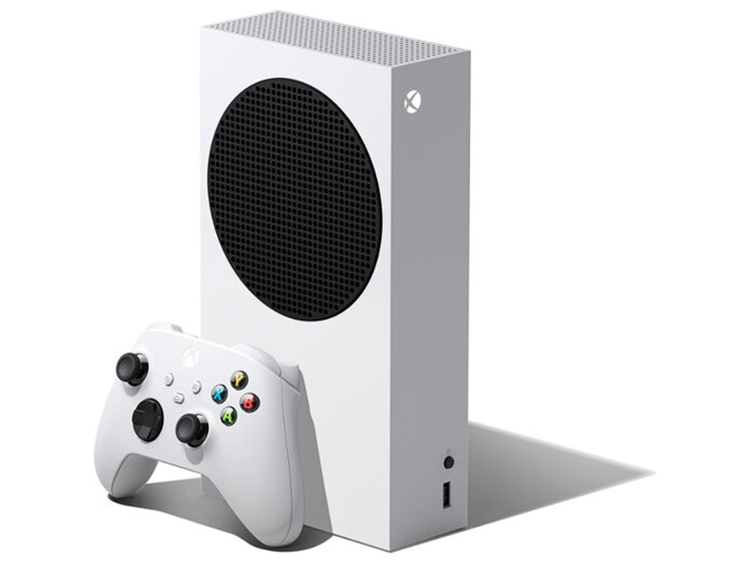 Consola Xbox Series S blanca con su control inalámbrico sobre fondo blanco.