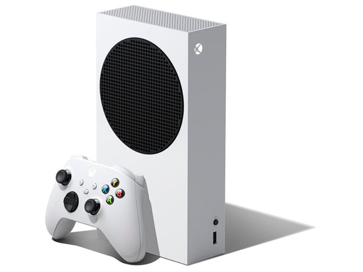 Consola Xbox Series S blanca con su control inalámbrico sobre fondo blanco.