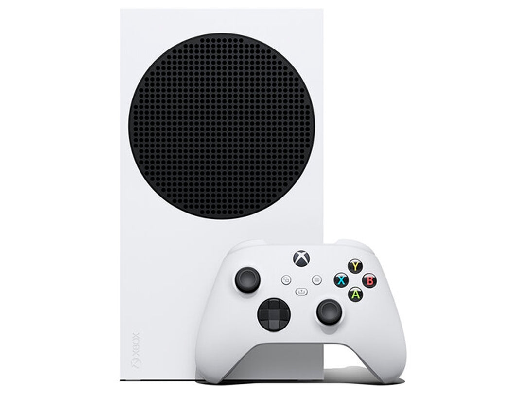 Consola Xbox Series S blanca con su control inalámbrico sobre fondo blanco.