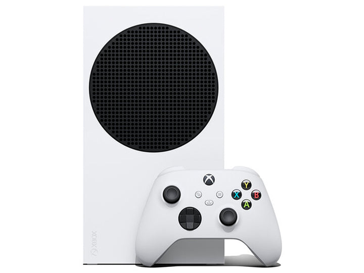 Consola Xbox Series S blanca con su control inalámbrico sobre fondo blanco.