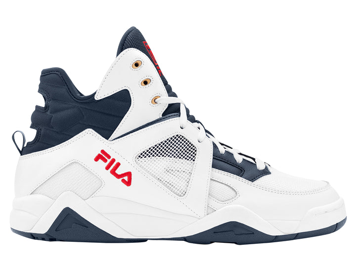 Tenis FILA Cage Mid para hombre en color blanco con detalles en azul marino y logos rojos.