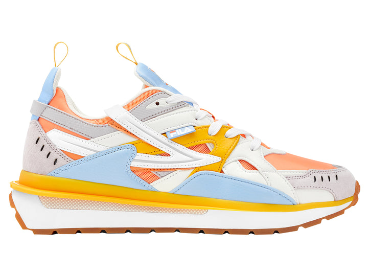 Tenis FILA Sandenal para hombre en colores naranja, azul y amarillo con suela gruesa.
