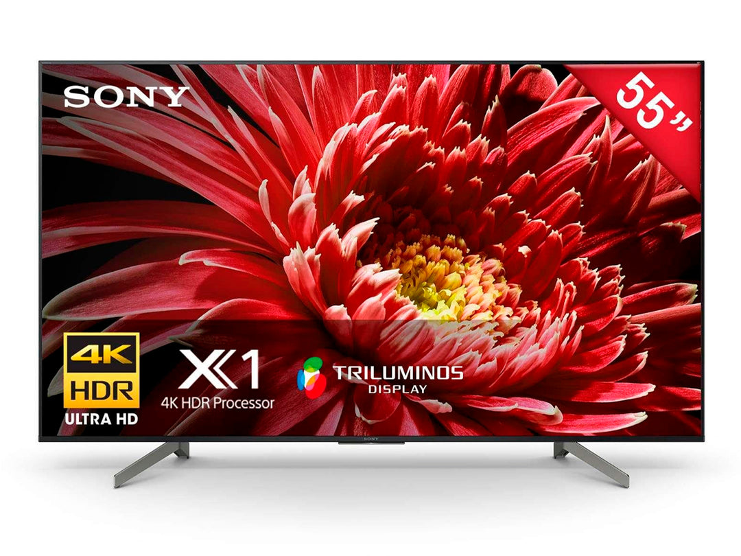 Televisor Sony LED de 55 pulgadas color negro con pantalla UHD 4K mostrando una imagen de una flor roja.