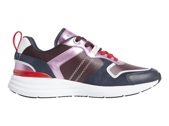 Tenis Tommy Hilfiger Metallic Casual Retro Runner para mujer en colores borgoña, azul y rosa metálico con suela blanca.