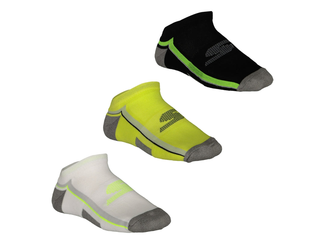 Set de tres calcetines deportivos Skechers en colores negro, amarillo y blanco con detalles en gris.