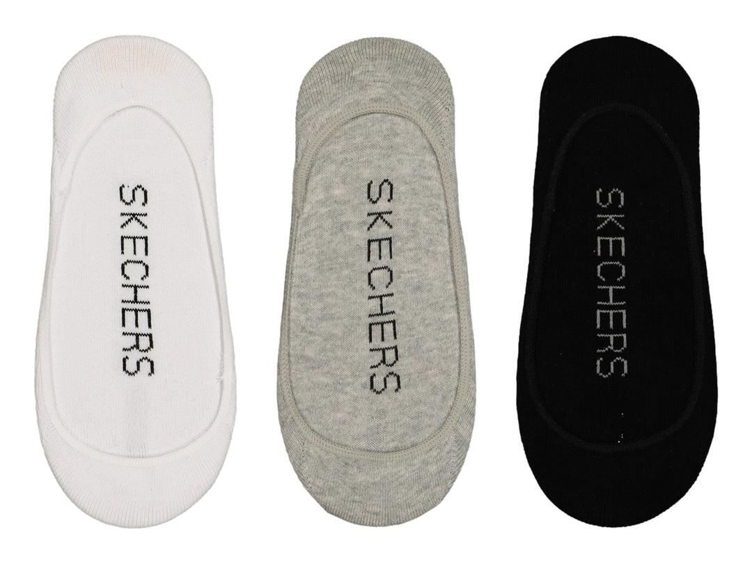 Set de tres pares de calcetines liner Skechers en colores blanco, gris y negro.