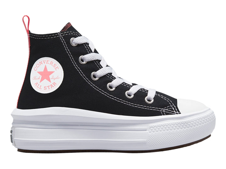 Tenis Converse Chuck Taylor All Star Move Hi color negro con suela de plataforma blanca y detalles en rosa.