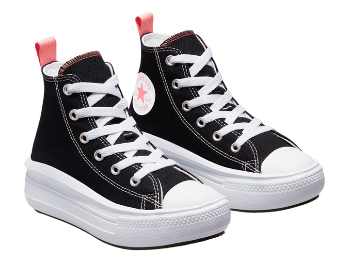 Tenis Converse Chuck Taylor All Star Move Hi color negro con suela de plataforma blanca y detalles en rosa.
