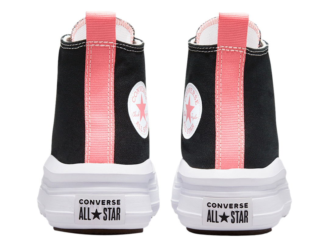 Tenis Converse Chuck Taylor All Star Move Hi color negro con suela de plataforma blanca y detalles en rosa.