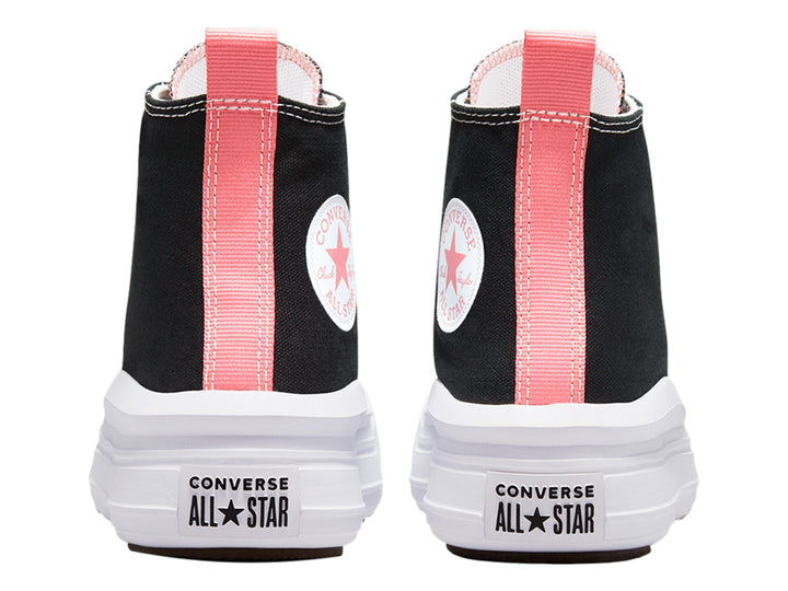 Tenis Converse Chuck Taylor All Star Move Hi color negro con suela de plataforma blanca y detalles en rosa.