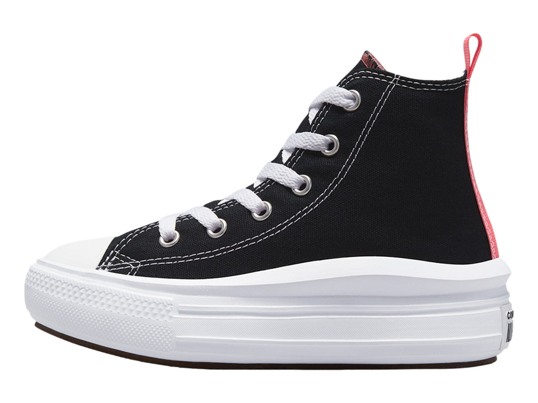 Tenis Converse Chuck Taylor All Star Move Hi color negro con suela de plataforma blanca y detalles en rosa.