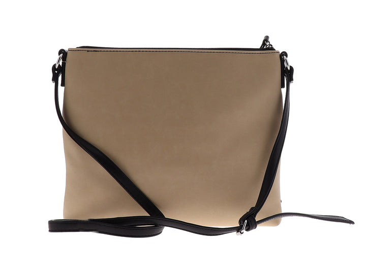 Bolso bandolera Nine West tricolor en tonos nude, blanco y negro con cierre frontal.