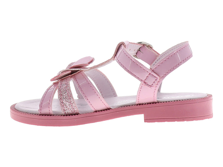 Sandalia rosa para niña de material sintético brillante con detalles de glitter y hebilla plateada.