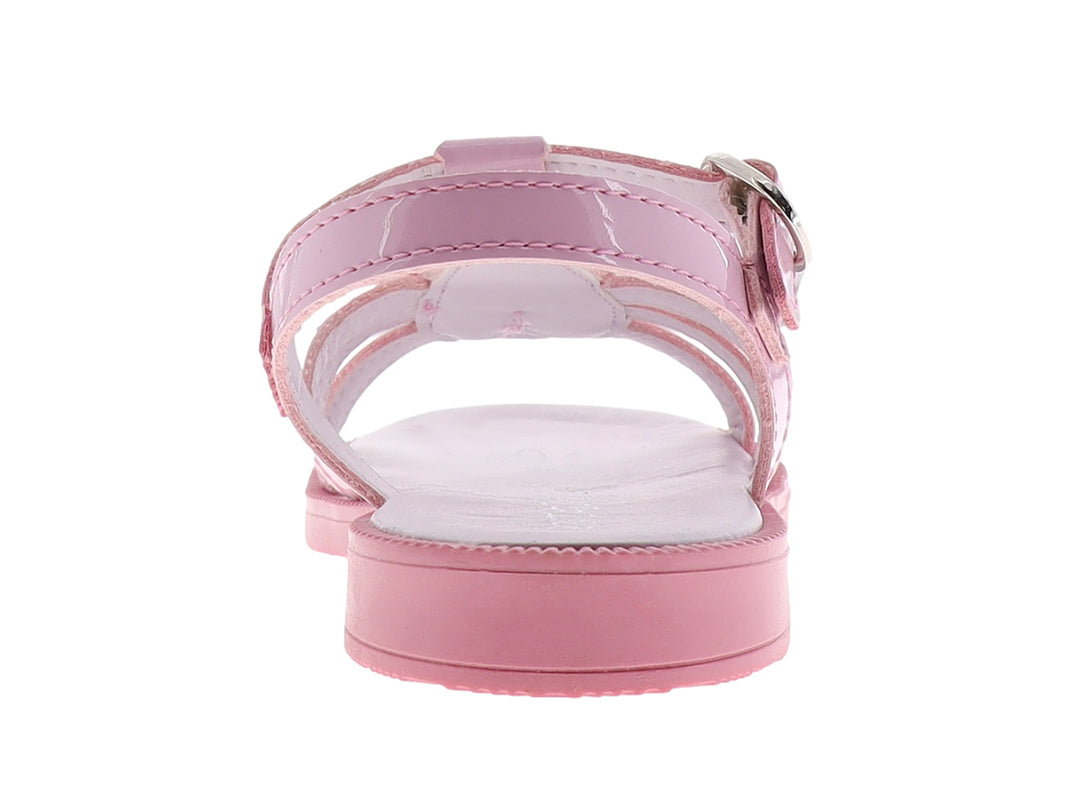 Sandalia rosa para niña con acabado en charol, detalles brillantes y moño decorativo.