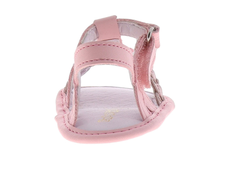 Sandalia rosa para bebé con adorno de flor brillante y correa ajustable.