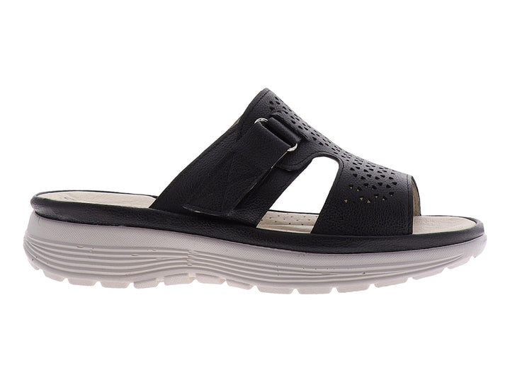 Sandalia de cuero negro con diseño perforado y suela blanca.
