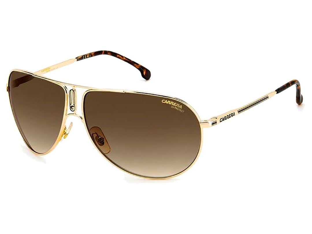 Lentes de sol Carrera modelo Gipsy con montura metálica dorada, cristales marrón degradado y patillas en tono carey.