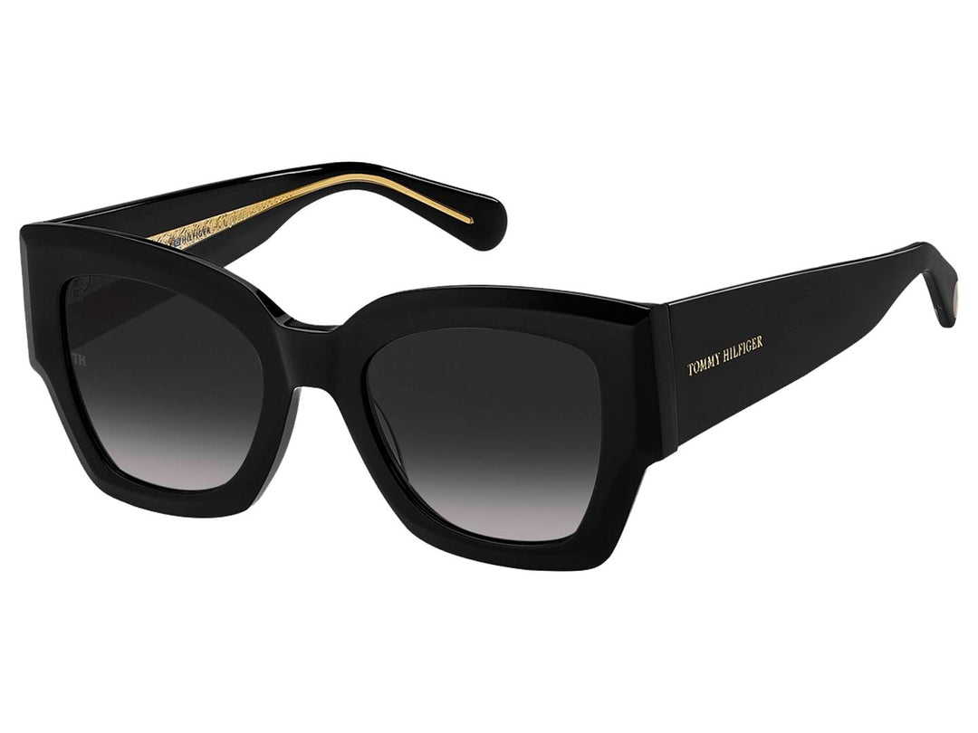 Lentes de sol Tommy Hilfiger para mujer en color negro con cristales degradados y montura cuadrada brillante.