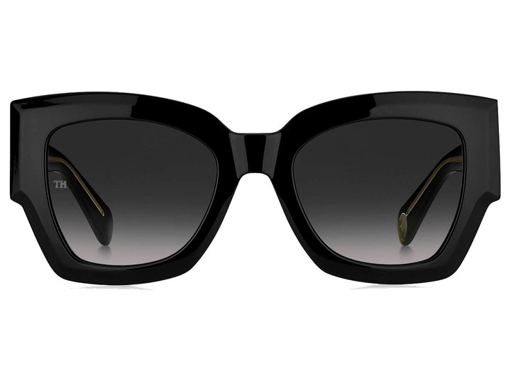 Lentes de sol Tommy Hilfiger para mujer en color negro con cristales degradados y montura cuadrada brillante.