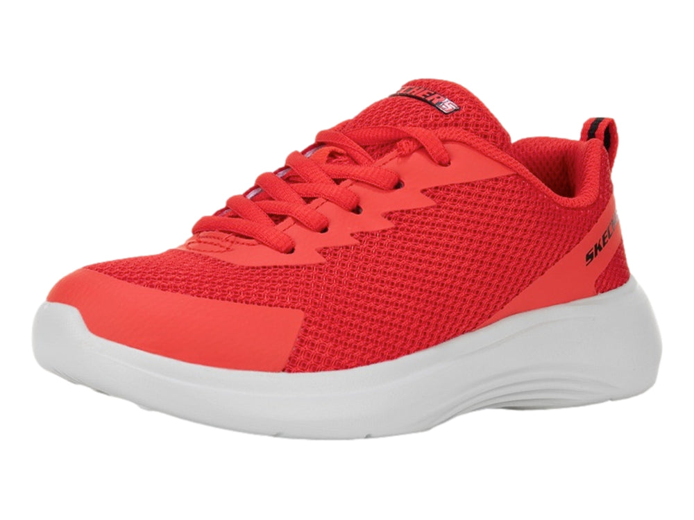 Tenis deportivos Skechers para niño en color rojo con suela blanca.