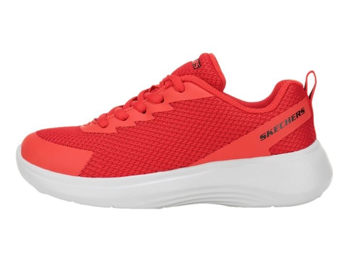Tenis deportivos Skechers para niño en color rojo con suela blanca.