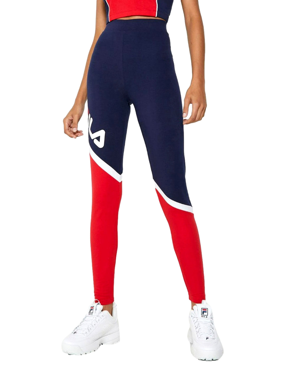 Mallas deportivas FILA de talle alto en colores azul marino y rojo con detalles blancos, ajustadas al cuerpo.
