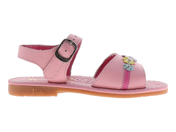 Sandalia rosa para niña con adornos de flores coloridas y correa ajustable con hebilla.