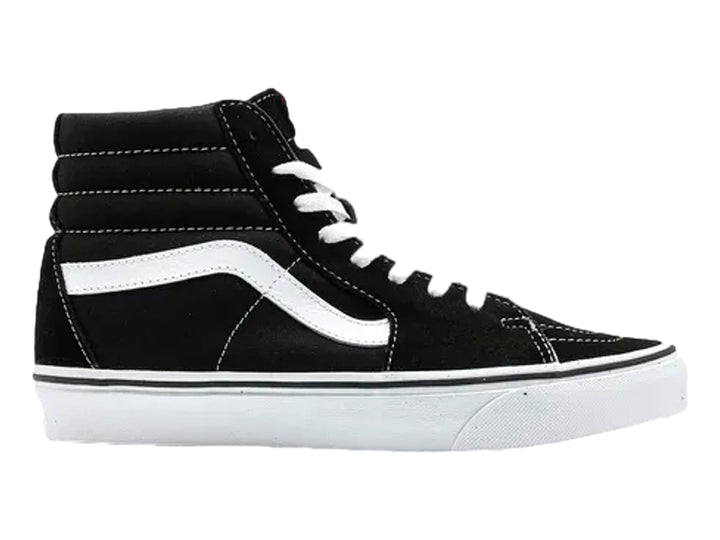 Tenis VANS Sk8-Hi negros con franja lateral blanca y suela blanca.