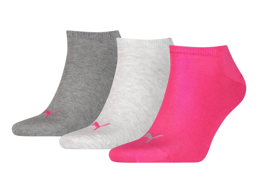 Pack de tres pares de calcetines cortos PUMA en colores rosa, gris y blanco.