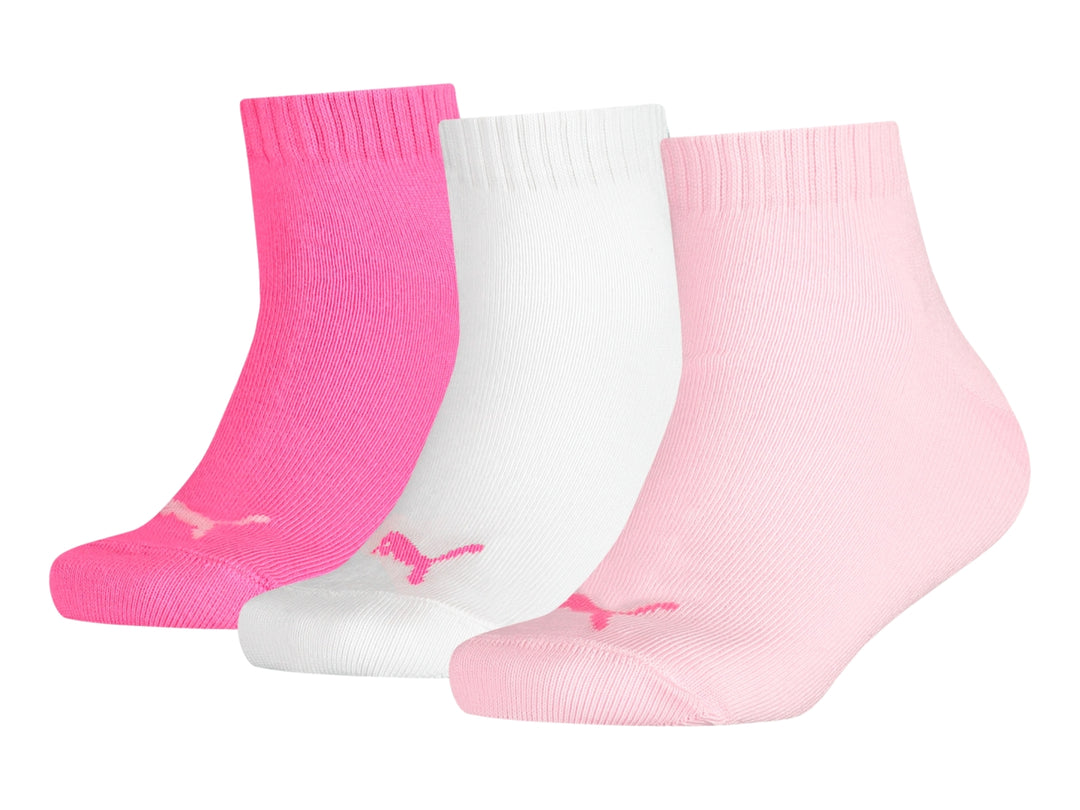 Paquete de tres pares de calcetines Puma en colores rosa fuerte, blanco y rosa claro para mujer.