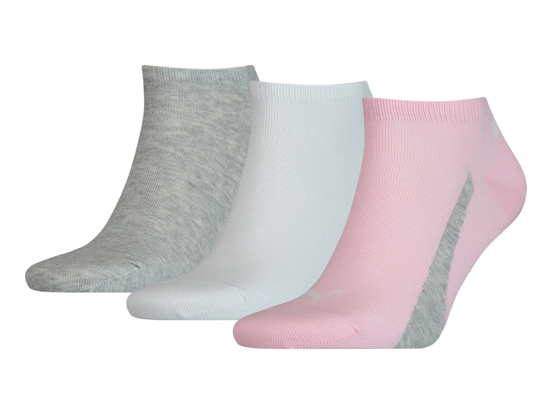 Paquete de tres pares de calcetines cortos PUMA en colores rosa, blanco y gris.