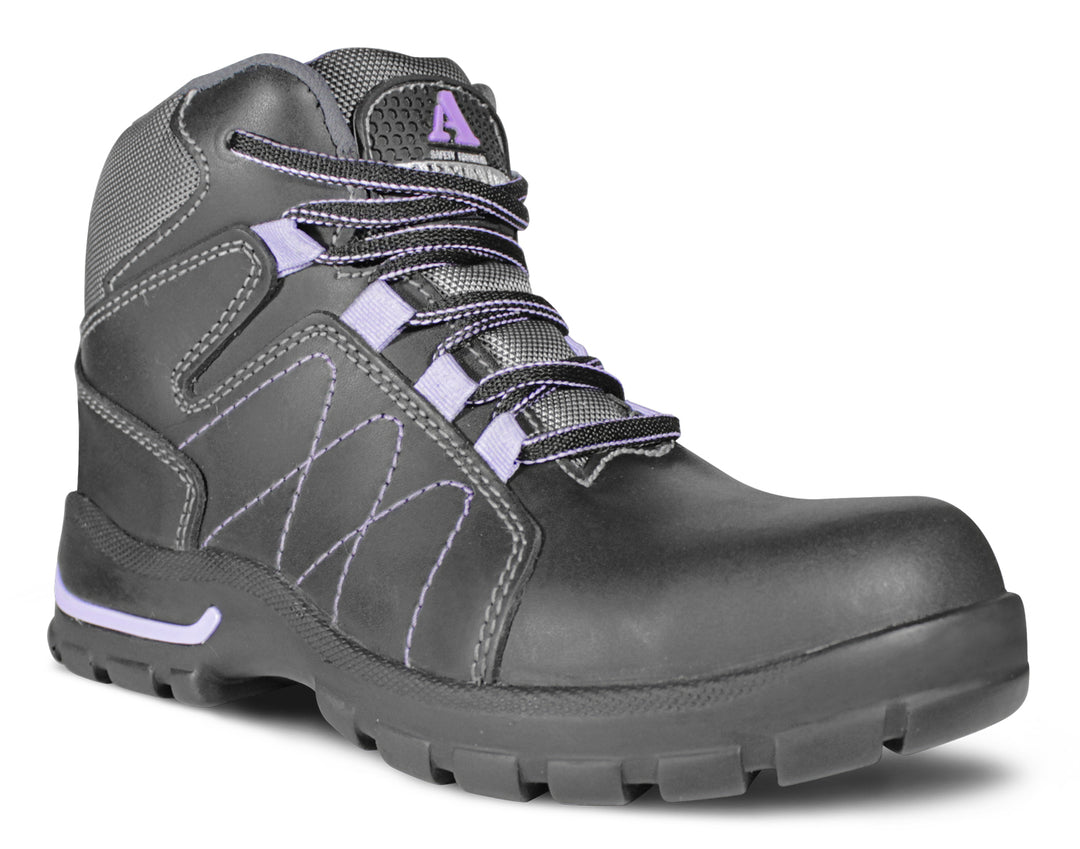 Botas de seguridad Armada Napa para mujer en color negro con costuras y detalles en morado.