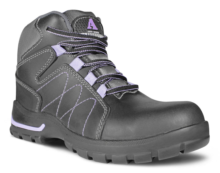 Botas de seguridad Armada Napa para mujer en color negro con costuras y detalles en morado.