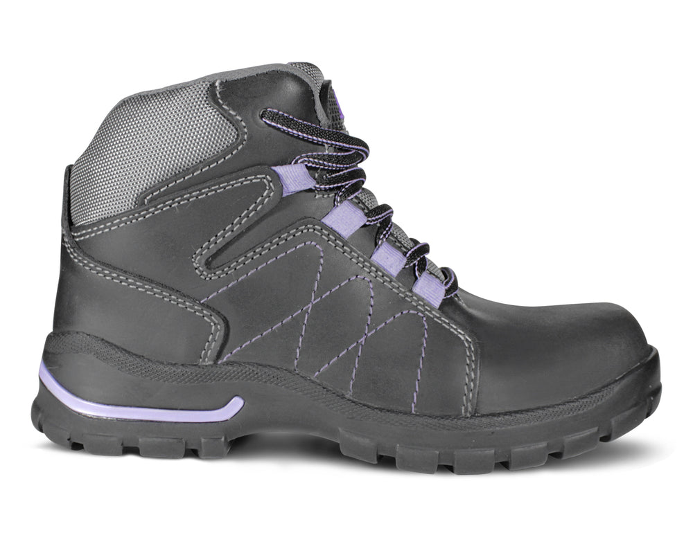 Botas de seguridad Armada Napa para mujer en color negro con costuras y detalles en morado.